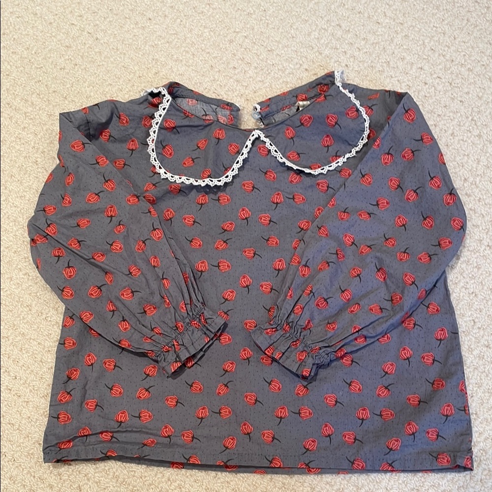 Charming Kids Blouse with Red Floral Pattern and Lace Collar